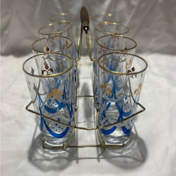 Vintage Elegant Gold and Blue Glass Set with Holder - Picture 3 of 9